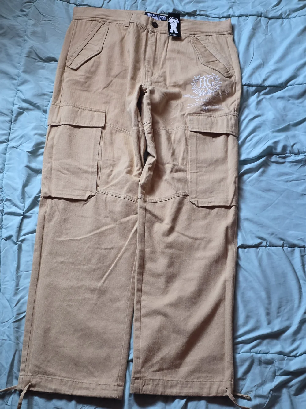 Hustle Gang Men’s Beige-Tan Cargo Pants with Logo Embroidery
